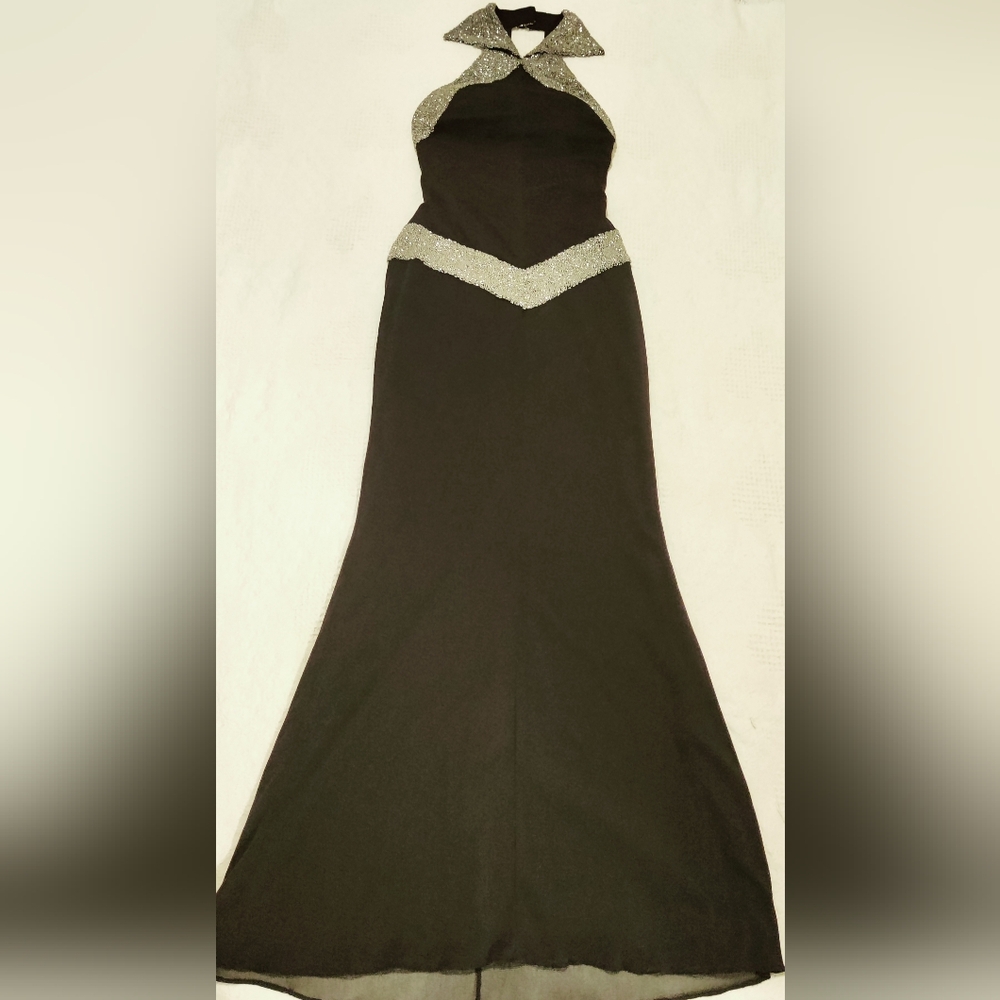 Vintage Mike Benet Elegant Black Gown with Silver Beads Detail